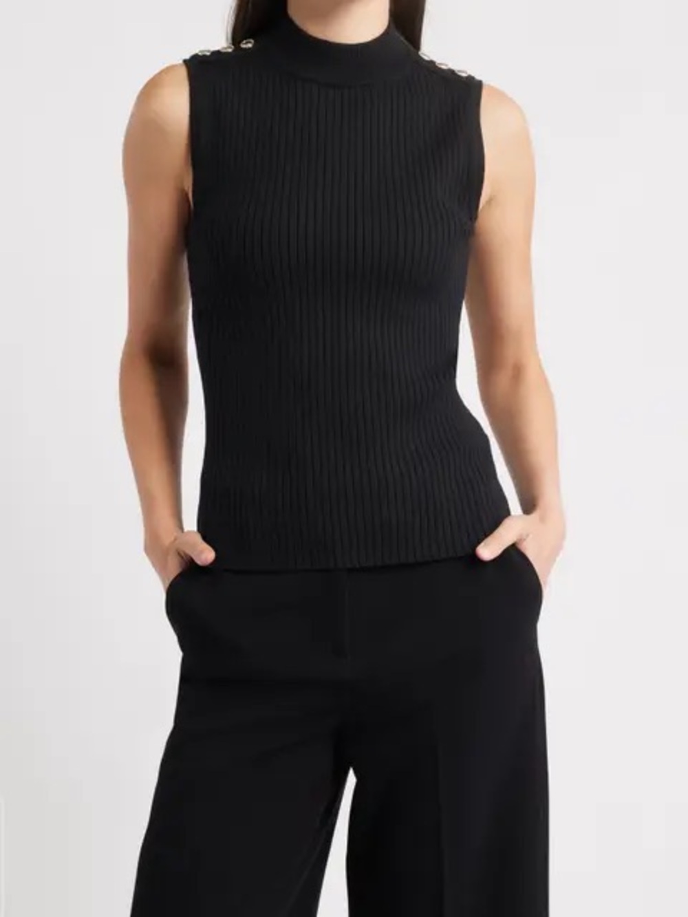 Elie Tahari Sleeveless Ribbed Mock Neck Top in Black Small